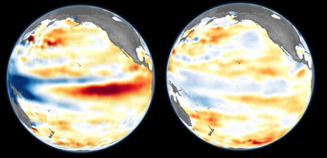 Imagen de la NASA muestra observaciones del 1 de julio de 2024 (derecha), durante la fase neutra, y las del 4 de diciembre de 2023 (izquierda), cerca del pico de El Niño. Foto: NASA   