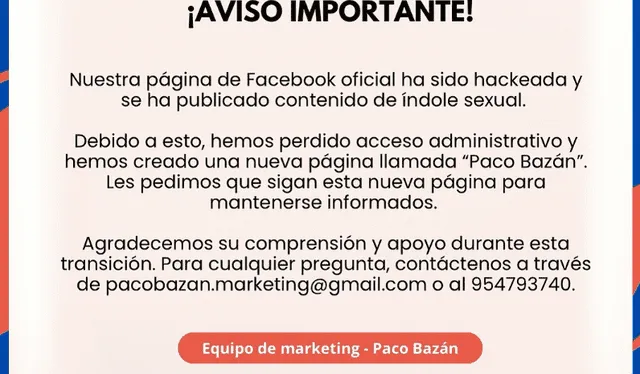  Aviso a la comunidad publicado por Paco Bazán. Foto: Instagram   