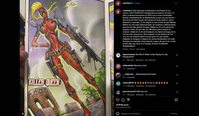  Rob Liefeld anunció en 2022 que creó a Lady Deadpool inspirado en Blake Lively. Foto: captura    