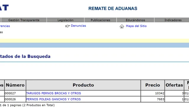 La web de Remate de Aduanas de la Sunat permite a los ciudadanos acceder a diversos productos en subasta, actualizándose con nuevos lotes frecuentemente. Foto: Sunat   