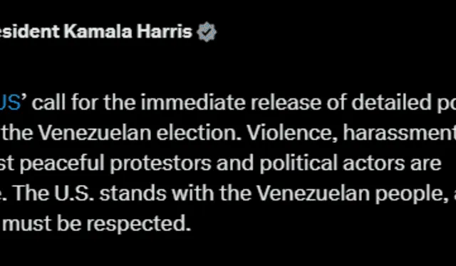  Harris mostró su apoyo a Venezuela a través de su cuenta de Twitter. Foto: Captura   