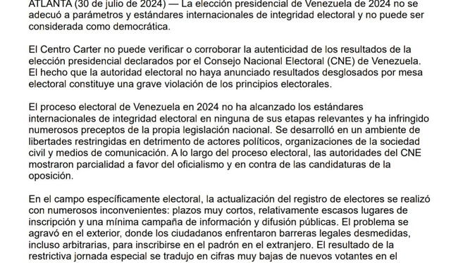 Carter Center denuncia elección presidencial de Venezuela. Foto: X   