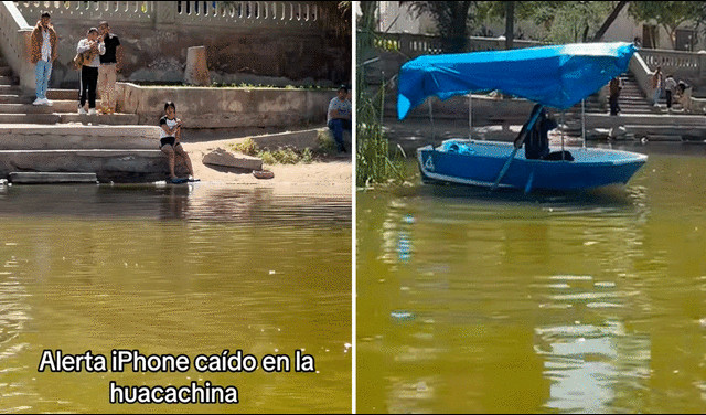  En el clip de TikTok se vio a un joven que se sumergía en las aguas de la famosa laguna, ubicada en Ica. Foto: composición LR/TikTok   