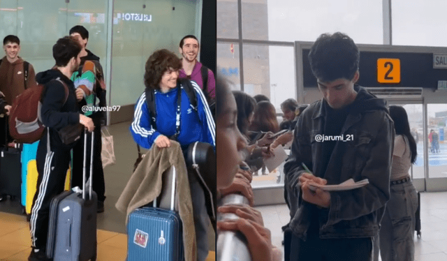 Actores de 'La sociedad de la nieve' en el Aeropuerto Jorge Chávez. Foto: composición LR/TikTok/aluvela97/jarumi_21   