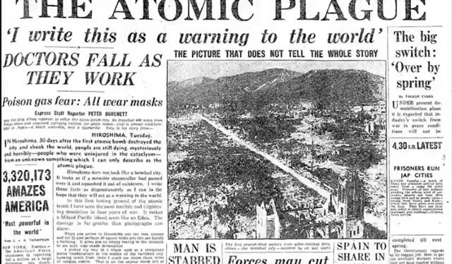 Primera plana del "Daily Express" con el reportaje de Wilfred Burchett sobre el impacto de la bomba en Hiroshima, 5 de septiembre de 1945. Crédito: Hibakusha Stories.   