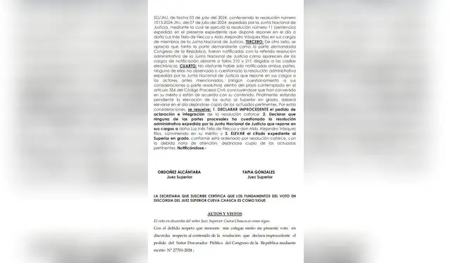 Resolución de la Sala Constitucional que deniega el pedido de aclaración y suspensión de la reincorporación de Inés Tello y Aldo Vásquez   