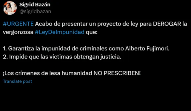 Comunicado de la congresista Bazán.   