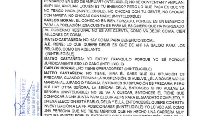 Transcript of the meeting between Colchado and Castañeda on April 30, in which Dina Boluarte's lawyer makes improper offers to the PNP officer. Credit: Eficcop.   