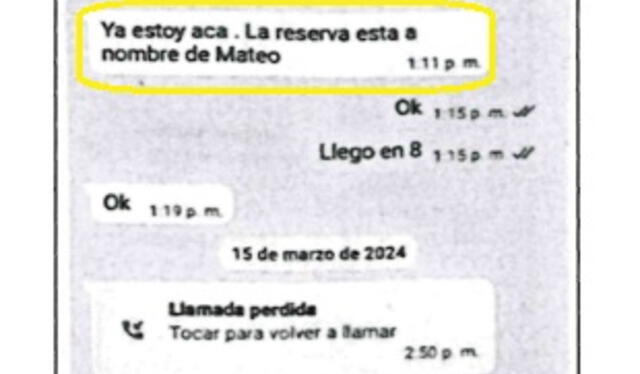 On March 15th, "Calin" (General PNP Carlos Morán) informs Colchado that the meeting with Castañeda will be at the restaurant "Fish" Capitals" and that the reservation is in the name of "Matthew". Credit: Eficcop.   