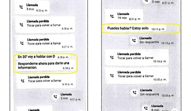 On March 25, Morán tells Colchado that he will meet with him in 30 minutes. "D" (Dina Boluarte) in Mateo Castañeda's office. Morán then called him when he was with the head of state and asked him about the case of Nicanor Boluarte. Credit: Eficcop.   