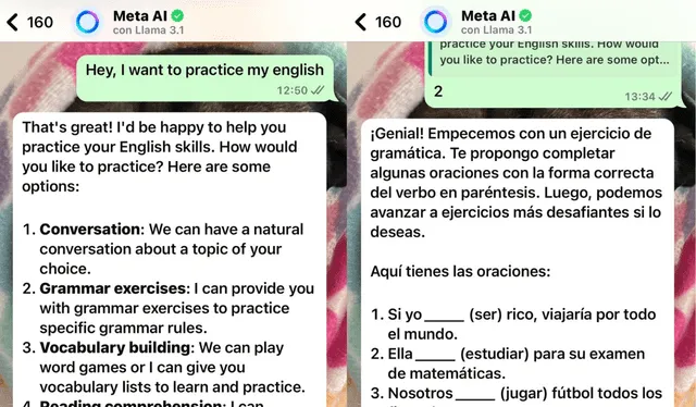  Meta AI te brinda opciones para potenciar el idioma de tu preferencia. Foto: Composición LR | Captura WhatsApp.   