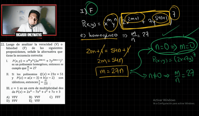  La proposición I, del problema 22, es falsa. Foto: captura de pantalla/Ricardo Only Maths/YouTube   