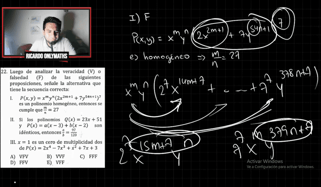  Esta es la forma errónea del problema 22, que desarrollaban las academias. Foto: captura de pantalla/Ricardo Only Maths/YouTube   