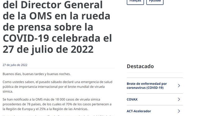  Alocución del 27 de julio de 2022. Foto: captura en web / OMS.   