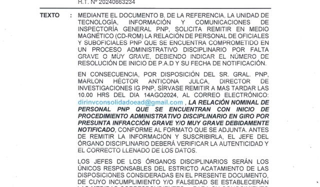  EL director de investigaciones de la Inspectoría, general Marlon Anticona, ordena a las unidades policiales reportar la lista de efectivos con investigaciones con curso para evaluarlos y pasarlos al retiro.    