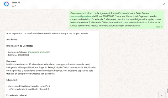 Si brindas más información, Meta AI te proporciona un CV más personalizado. Foto: Captura.   