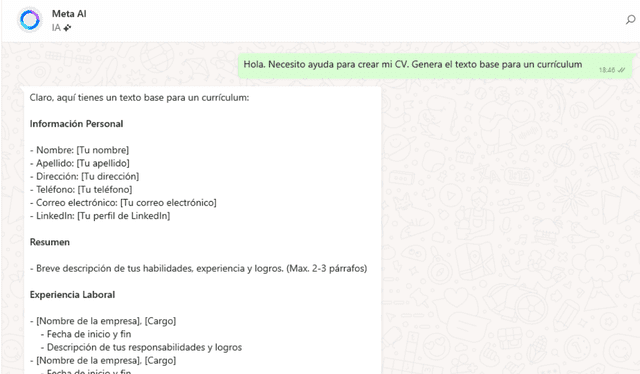  La IA de WhatsApp te puede brindar un texto base. Foto: Captura.   