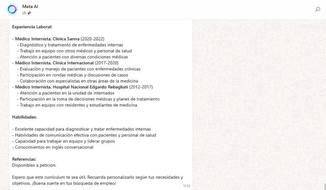  Si brindas más información, Meta AI te proporciona un CV más personalizado. Foto: Captura.    