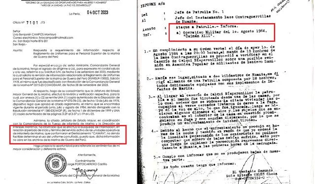 A la izquierda, oficio de la Marina entregado a la Sala, con el reglamento de uniforme. A la derecha, informe de marino destacado en Huanta en 1984 del Destacamento CAIMÁN XIII    