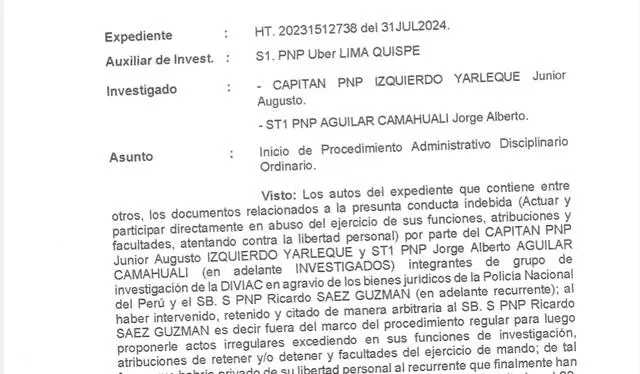  Una de las investigaciones abiertas por la Inspectoría PNP contra el capitán Junior Izquierdo.    