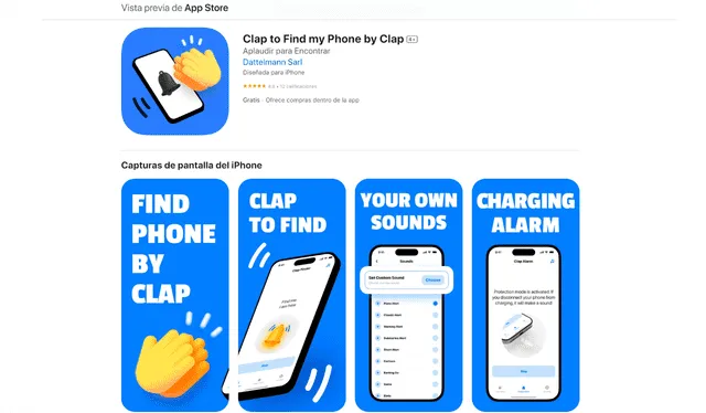  La app con mejor puntuación en la App Store se llama: 'Clap to Find my Phone by Clap'. Foto: Captura 