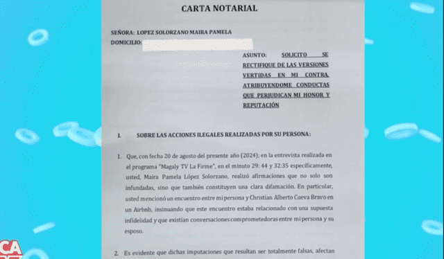 Carta notarial de Melissa Klug a Pamela López. Foto: América TV   