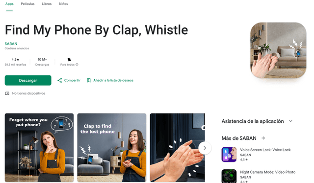  En Android, la app 'Find my Phone by Clap, Whistle', se lanzó en el 2023. Foto: Captura.   