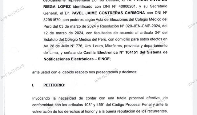  Decano del Colegio Médico del Perú Pedro Riega presentó una querella por difamación contra el Ministro de Salud César Vasquez. Foto: RPP    