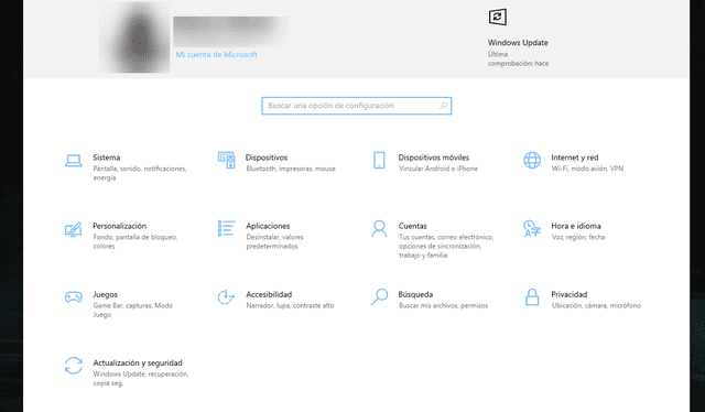 Así se ve 'Configuración' en Windows 10. Foto: Captura de pantalla.   
