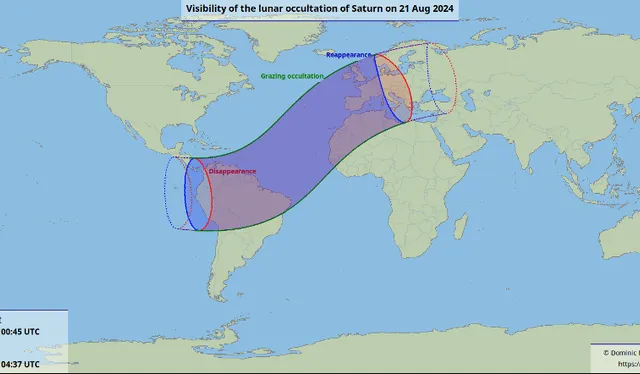 La imagen sombreada del mapa representa las zonas de la superficie terrestre donde pudo observarse la ocultación de Saturno. Foto: Domic Ford/InTheSky 