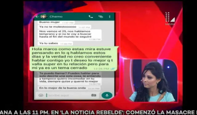 Pamela López muestra chats de Dorita Orbegoso y 'Chemo' Ruíz. Foto: Latina   