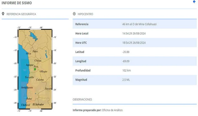 Último temblor hoy en Chile. Foto: CSN   