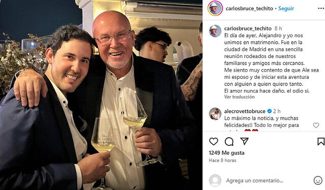  Este fue el mensaje que publicó Carlos Bruce en sus redes sociales y donde anunció su matrimonio. Foto: captura    