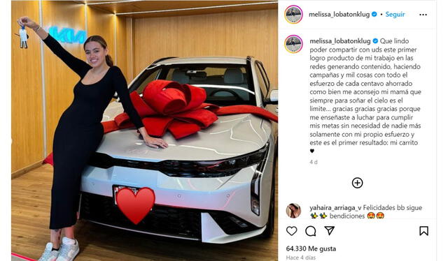 Melissa Lobatón y su nuevo auto. Foto: composición LR/ Instagram/ Melissa Lobatón   