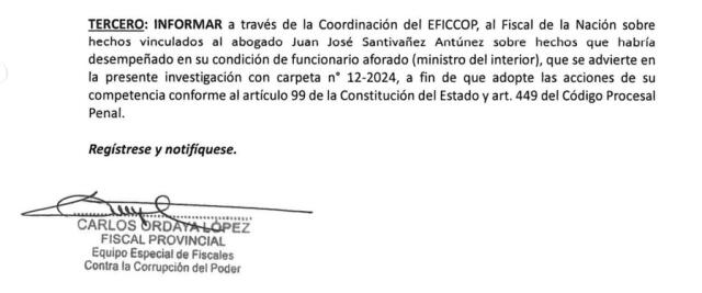 El fiscal del Eficcop Carlos Ordaya reportó al fiscal de la Nación los graves hechos que implican al ministro Juan Santiváñez para que proceda a iniciar acciones.   