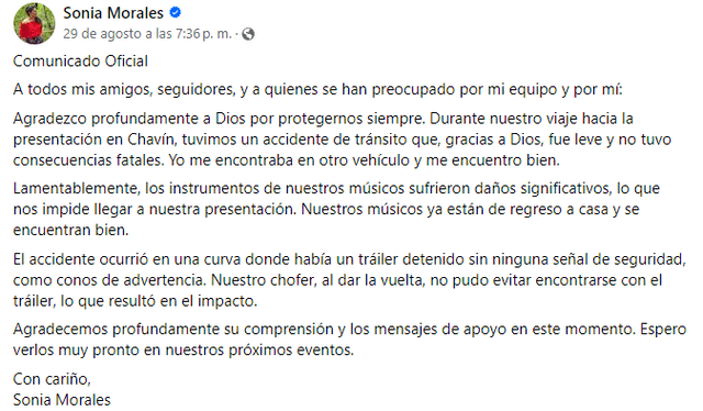  Este fue el pronunciamiento de Sonia Morales sobre el accidente que sufrieron sus músicos. Foto: captura Facebook    