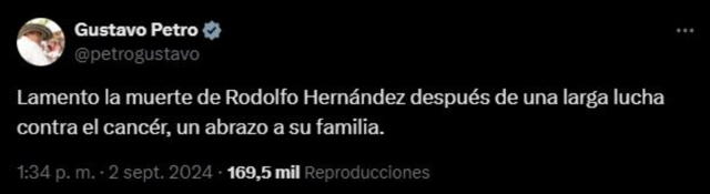 Gustavo Petro lamentó la muerte de Rodolfo Hernández. Foto: captura @petrogustavo   