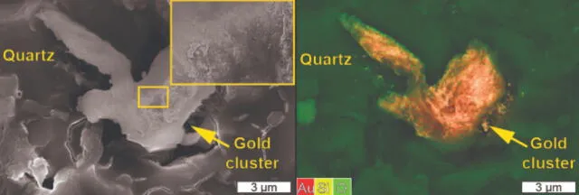  Imagen de microscopio electrónico de barrido del oro depositado sobre cuarzo mediante reacciones piezoeléctricas durante experimentos. Foto: Chris Voisey   