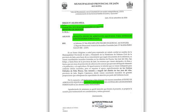 Alcalde provincial de Jaén envió una carta al titular del Ministerio de Defensa para solicitar ayuda en el envío de aeronaves para apagar los focos de incendios forestales. Foto: La República   