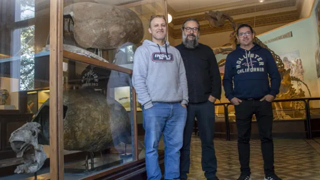  Los investigadores Martín de los Reyes, Mariano Del Papa y Miguel Delgado junto a un ejemplar de gliptodonte exhibido en el Museo de La Plata. Foto: Conicet La Plata   