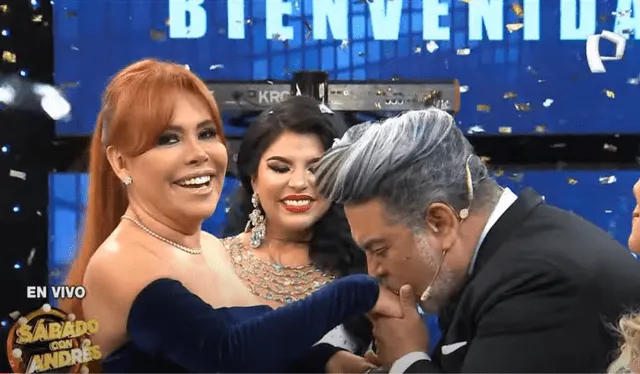 Magaly Medina recibe beso por Andrés Hurtado. Foto: Panamericana Televisión.   