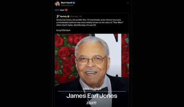 Mark Hamill se despide de James Earl Jones. Foto: X/ Mark Hamill   
