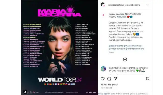 María Becerra reprograma su fecha de concierto en Lima, Perú. Foto: María Becerra/ Instagram María Becerra reprograma su fecha de concierto en Lima, Perú. Foto: María Becerra/ Instagram