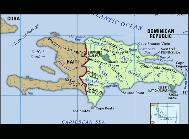  &nbsp;En esta isla se habla español&nbsp;dominando en la República Dominicana, mientras que el&nbsp;francés y el creole&nbsp;son las lenguas de Haití.&nbsp;Foto: Britannica   