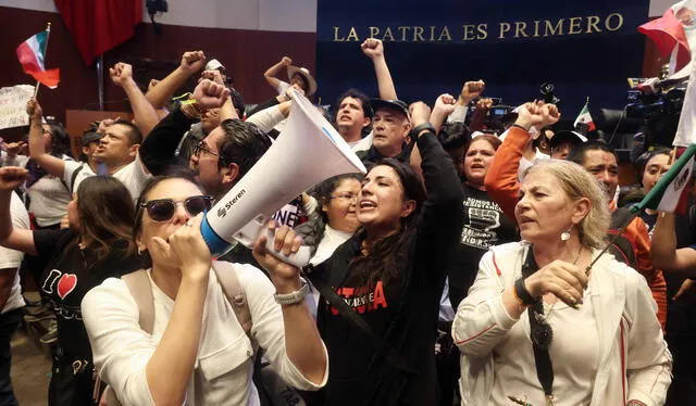 Manifestantes participan en una protesta dentro de la cámara alta del legislativo durante la legislación de la reforma judicial propuesta por el gobierno en el Congreso Nacional en la Ciudad de México. Foto: AFP   