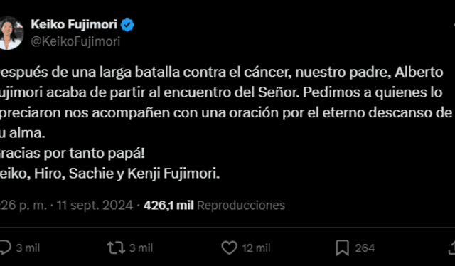  Publicación de Keiko Fujimori en X (antes Twitter) confirmado la muerte de Alberto Fujimori. Foto: X   