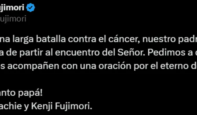 Keiko Fujimori confirma el fallecimiento de su padre Alberto Fujimori. Foto: X   