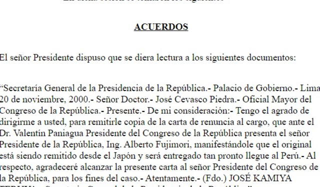  Una parte del acta del <strong>20 de&nbsp; noviembre del 2000. </strong>Foto: captura en la web / Congreso.    