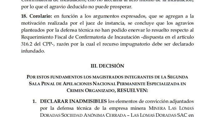 La Segunda Sala de Apelaciones Nacional, presidida por César Sahuanay, ratificó la incautación de los 121.2 kilogramos de oro   