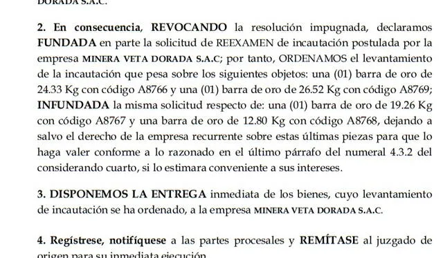 La Segunda Sala de Apelaciones Nacional dispuso la devolución de dos barras de oro   